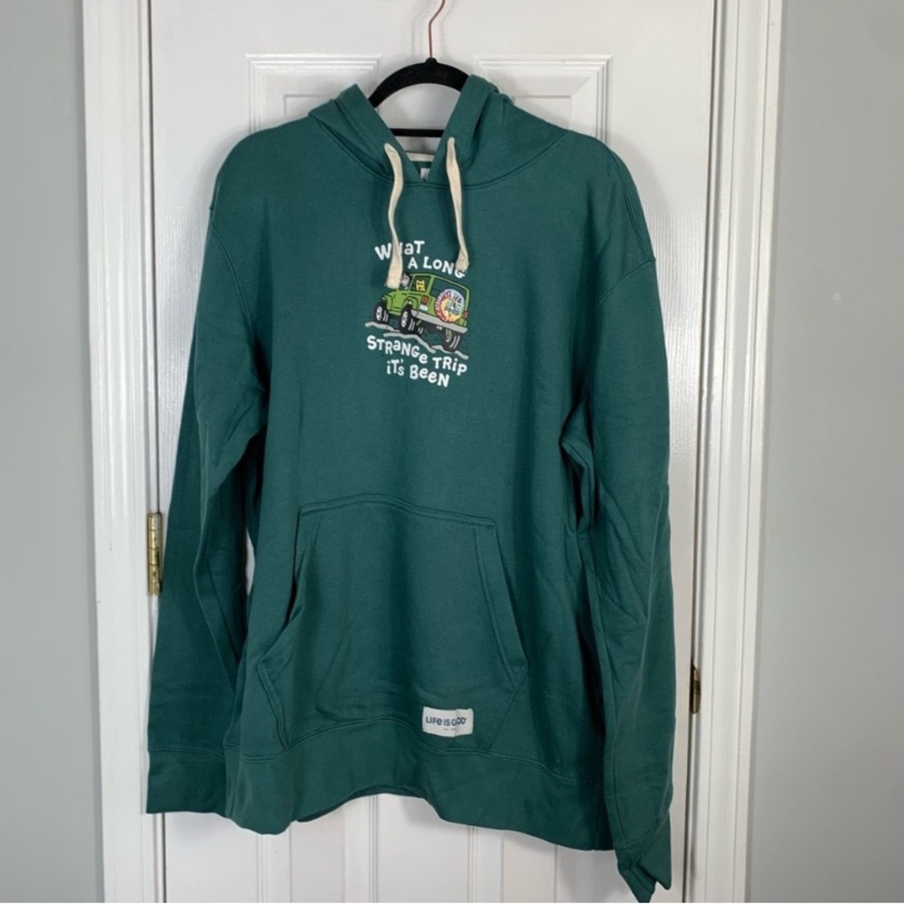 Life is Good Men's Large Hoodie Green Jeep Dog Pockets What A Long Strange Trip